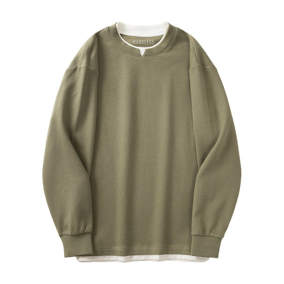 
Markless fake two-piece long-sleeved sweatshirt for men 2026 spring new loose round neck bottoming shirt with men's clothing