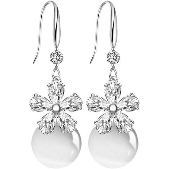 
S925 sterling silver cat eye stone earrings for women's temperament Korean pearl earrings tassel long personality simple crystal earrings