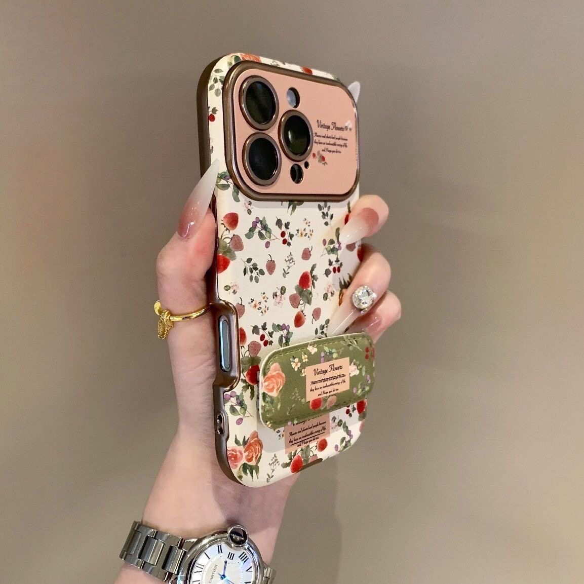 Vintage Floral Strawberry Rose iPhone Case with Kickstand for , 16, 15, 14, 13, 12 Phone Case for iPhone 17, 16, 15, 14 and 13