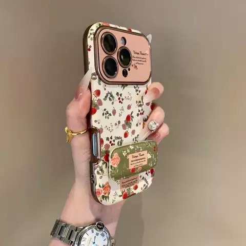 Vintage Floral Strawberry Rose iPhone Case with Kickstand for , 16, 15, 14, 13, 12 Phone Case for iPhone 17, 16, 15, 14 and 13