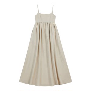 
Self-made dissh with the same niche design U-neck linen high-waisted Maury style long suspender dress with a relaxed feel