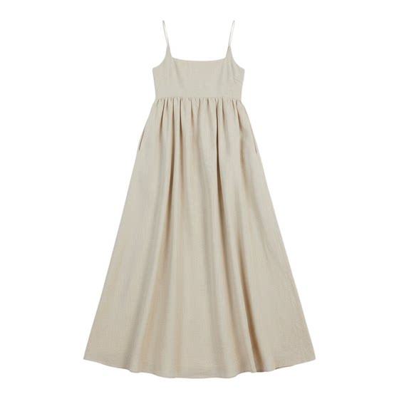 
Self-made dissh with the same niche design U-neck linen high-waisted Maury style long suspender dress with a relaxed feel
