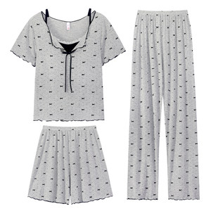 宫蝶【3件套】睡衣女短袖长裤可爱蝴蝶结带胸垫蕾丝家居服套装夏