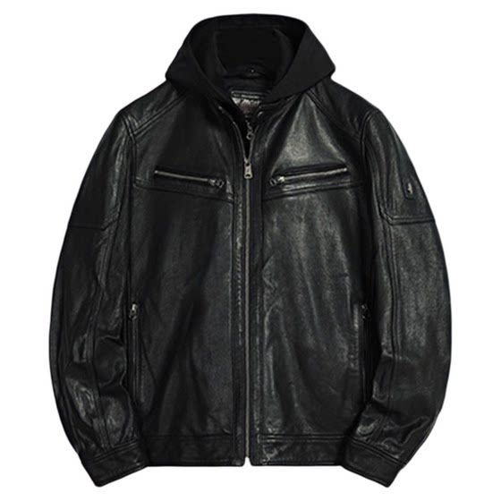 
MCS men's clothing comes from Marlboro. Stand collar genuine leather goatskin motorcycle leather jacket hooded leather jacket for men.