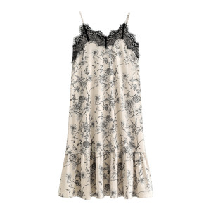 Joy inner chest pad integrated nightgown for women's pajamas summer modal suspender summer ice silk sexy retro lace
