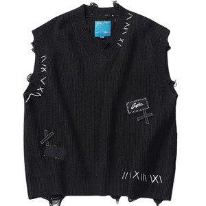 Guuka Tide Black Cave Sweater Female Hip Hop Wangyuan Couples Paste Fast Embroidery V -neck vest jacket loose