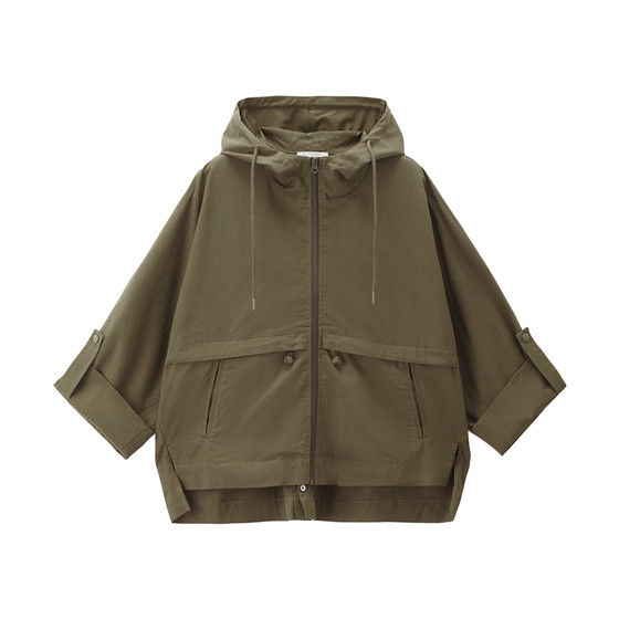 Giordano jacket women's pure cotton rollable bat sleeves loose silhouette waist hooded windbreaker jacket 13376149