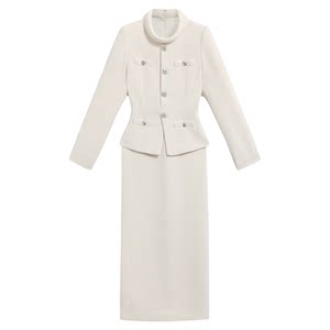 
New winter women's ivory white long-sleeved tweed slim fake two-piece dress beautiful temperament elegant long skirt