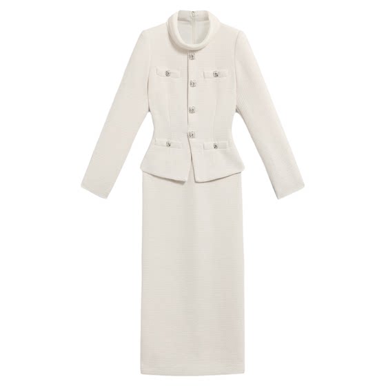 
New winter women's ivory white long-sleeved tweed slim fake two-piece dress beautiful temperament elegant long skirt
