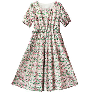 
50% off [Yu Jian Spring] Summer square collar floral dress for women's new high-waist pure cotton lantern-sleeved long skirt