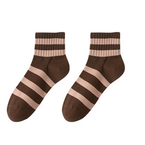 Coffee-colored socks for women's middle tube socks spring and autumn breathable boneless thin cotton socks embroidered striped sports student socks ins trendy