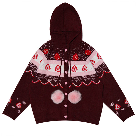 
daytoday Daily Research Institute Happy Birthday Strawberry Cake Fair Isle Knitted Sweater Cardigan Jacket