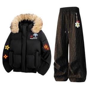 
Charles Heart Winter Fur Collar Hooded Cotton Suit Men's New Couple Plus Velvet Thickened Casual Pants Two-piece Set