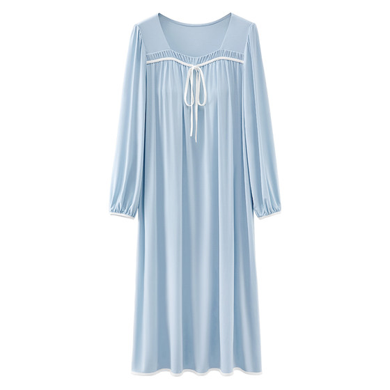 莫代尔睡裙带胸垫长袖女款性感高级感蓝色冬女士睡衣秋冬长款冬季