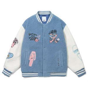 
GUUKA trendy blue lamb velvet jacket men's embroidered cotton jacket men's winter couple baseball uniforms loose cotton jacket