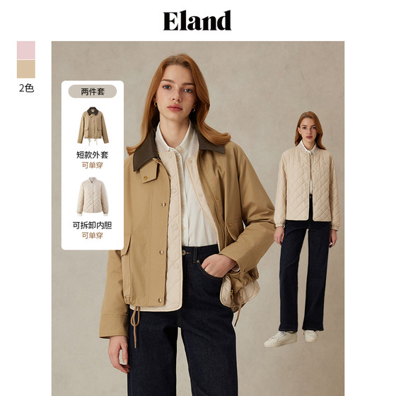 Eland衣恋棉服女皮质领可拆卸内胆保暖外套2025春新款