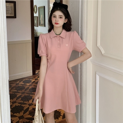 taobao agent Summer short retro dress, plus size, fitted, polo collar, puff sleeves, A-line