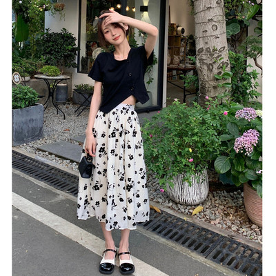 taobao agent Fashionable set, pleated skirt, knitted short sleeve T-shirt, plus size, fitted, floral print