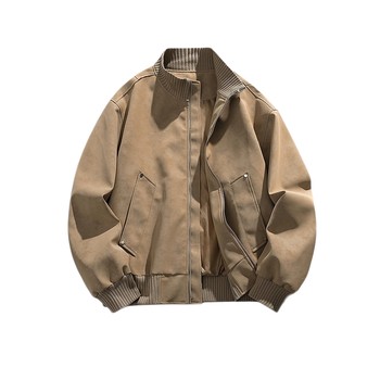 American fashion brand retro PU leather spliced ​​stand collar jacket men