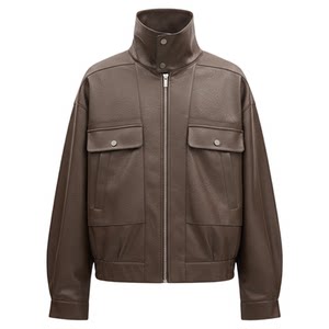 
BSIJA/Bishajia Leather Jacket Men's Autumn and Winter Retro Cowhide Texture Pocket Stand Collar Leather Jacket Light Luxury