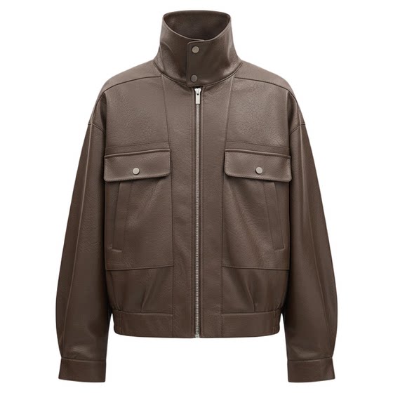 
BSIJA/Bishajia Leather Jacket Men's Autumn and Winter Retro Cowhide Texture Pocket Stand Collar Leather Jacket Light Luxury