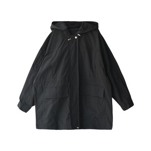 
Free shipping W86102 Korean style literary and casual boyfriend style drawstring loose hooded mid-length windbreaker jacket for women