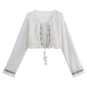 
Mori Girl Tribe Sweet Girl Style Hollow Cardigan Women's New Tassel Decoration Loose Off Shoulder Versatile Sunscreen Knitted Jacket
