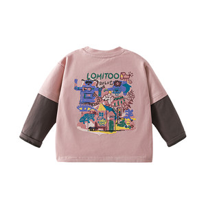 
Lomi rabbit contrasting color fake two-piece long-sleeved T-shirt children's pure cotton printed top dopamine boys and girls bottoming shirt trendy