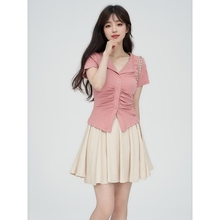 Korean style chic pleated slim fit short shoulder top 2024 new pink polo neck short sleeved t-shirt for women in summer
