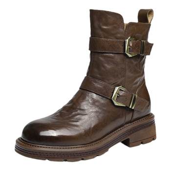 Red Dragonfly Western Boots Winter New Women's Boots Plus Velvet Warm Boots Genuine Leather Maillard Retro Mid-calf Boots for Women