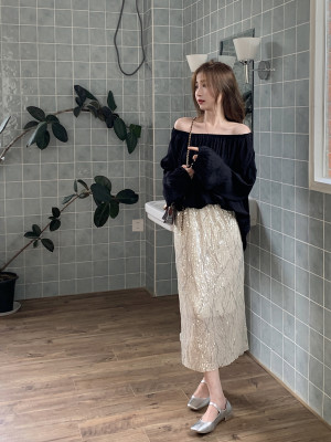 taobao agent Black long fitted pleated skirt, set, plus size, open shoulders, UV protection, mid-length