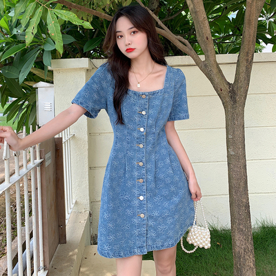 taobao agent Denim dress, plus size, flowered, fitted