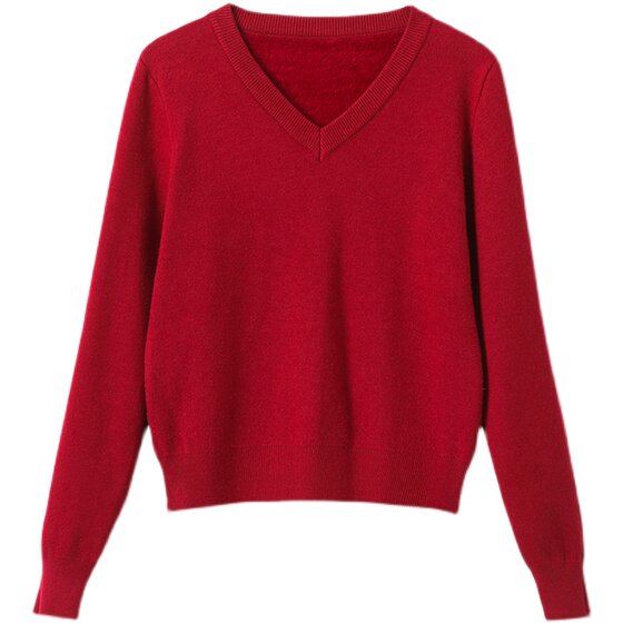 V -neck short velvet sweater woman thickened all -in -one autumn and winter small inside with a knitted bottom shirt mother top
