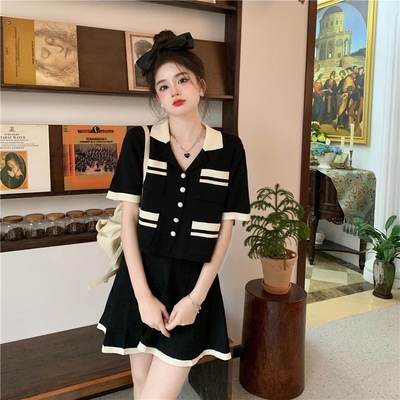 taobao agent Summer jacket, bra top, pleated skirt, set, plus size, Chanel style, with short sleeve, fitted