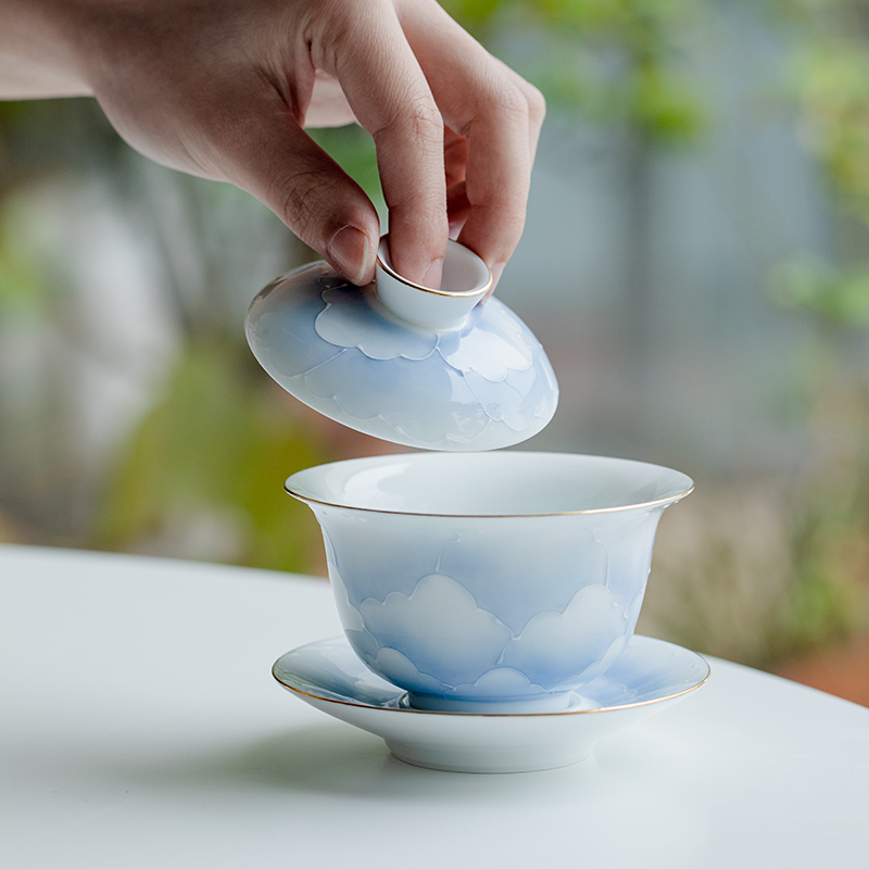 有田烧金边手绘盖碗茶杯单个陶瓷家用泡茶器中式功夫茶具三才茶碗