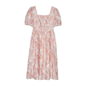 
MOFAN Mofanxia new sweet soft mist orange puff sleeve high-end A-line skirt high-waisted slim dress