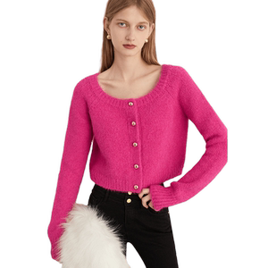 
DPLAY2025 autumn new French pink sweater for women round neck trendy metal button knitted cardigan top
