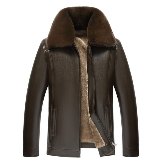Autumn and winter middle -aged and elderly fur one leather jacket plus velvet thick dad dad dress large loose leather coat men's jacket
