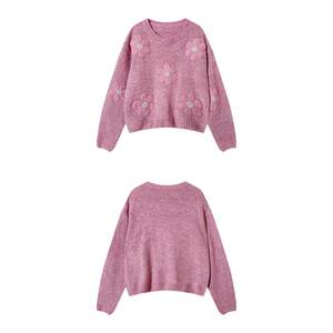 dfvc pink wool short round neck sweater for women 2025 winter new three-dimensional flower lazy style knitted sweater
