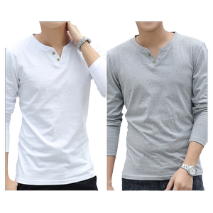 
Autumn and winter men's V-neck solid color loose pure cotton men's long-sleeved T-shirt top clothes T-shirt with trendy bottoming shirt