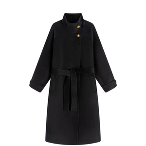 
cold enemy black gold 100% first-time wool coat 2025 autumn new mid-length turtle collar stand-up woolen coat for women
