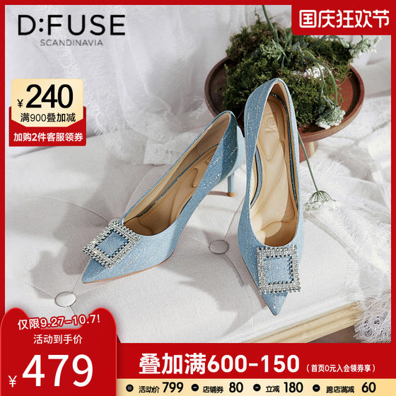 Dfuse2024春夏新款牛仔布凉鞋通勤钻扣细小香风高跟鞋DF41111054