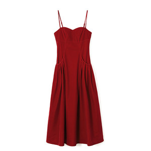 Jiuwu self -made French retro red velvet camisar dress spring and autumn high waist slim mid -length bottom skirt female female