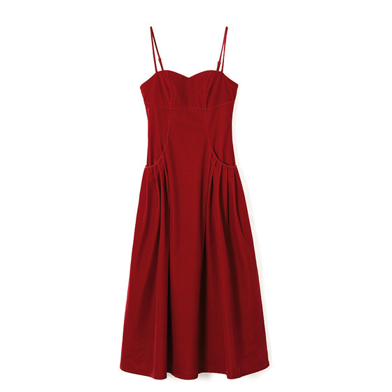 Jiuwu self -made French retro red velvet camisar dress spring and autumn high waist slim mid -length bottom skirt female female