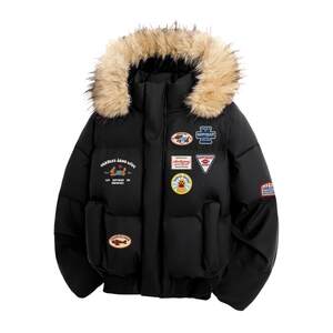 
Charles Heart Puppy Letter Printed Cotton Clothes Men's Fur Collar Hooded Thickened Cold Tide Brand New Couple Cotton Clothes