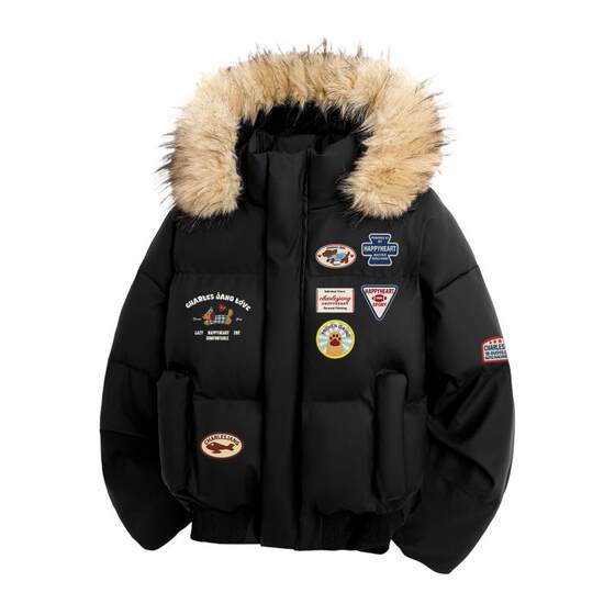 
Charles Heart Puppy Letter Printed Cotton Clothes Men's Fur Collar Hooded Thickened Cold Tide Brand New Couple Cotton Clothes