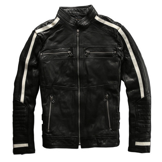 Sheepskin Leather Jacket Men's Stand Collar Short Fashion Casual Yellow and White Striped Motorcycle Leather Jacket Slim Fit Genuine Leather Jacket