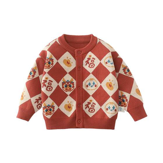 [Cotton] Qi Qi Xiong Boys Sweater Red New Year's New Year Courtes of Courtes of Children's Cover Sweed Parent -Children
