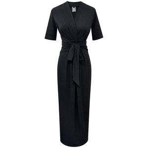 Crystal hemp Simple solid color dress in summer new temperament, elegant elegant V -neck short -sleeved strap waist mid skirt
