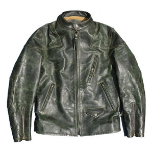 Jungle green oil wax old pony leather genuine leather jacket men's stand-up collar handsome slim fit! Movie poison-similar style
